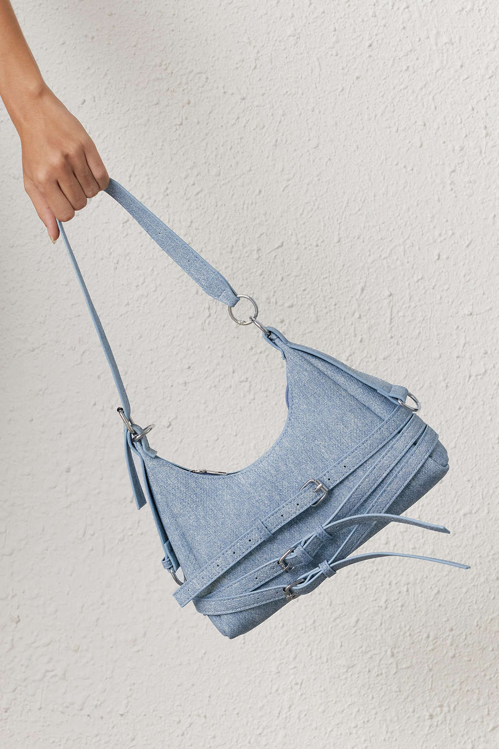 Voralis light wash blue tote bag - lifestyle shot
