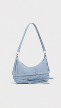 Voralis light wash blue denim print tote bag - front view
