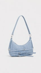 Voralis light wash blue denim print tote bag - front view