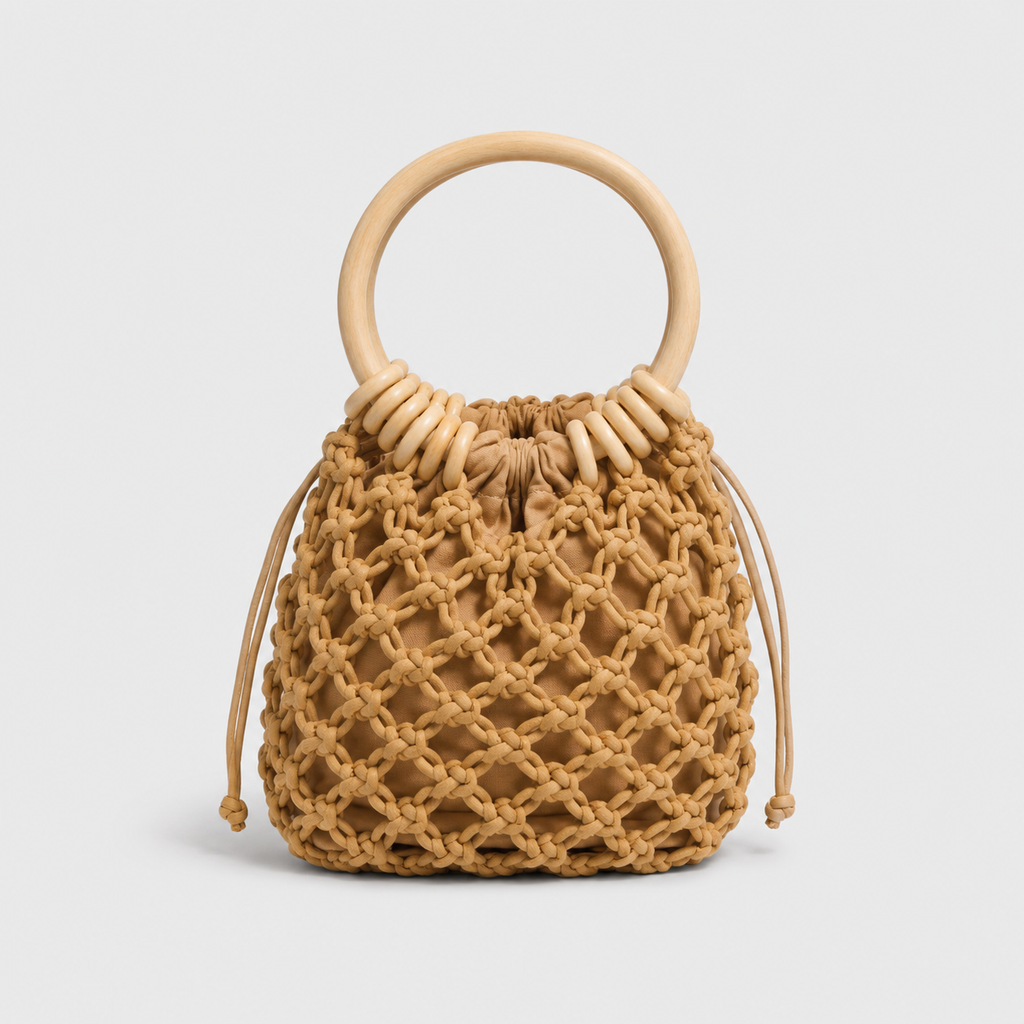 Voralis khaki woven straw tote bag with wooden handle - front view
