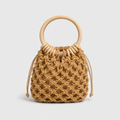 Voralis khaki woven straw tote bag with wooden handle - front view