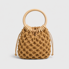 Voralis khaki woven straw tote bag with wooden handle - front view